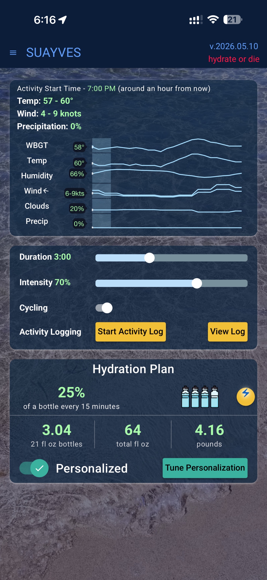 Suayves app showing real-time WBGT chart and personalized hydration plan