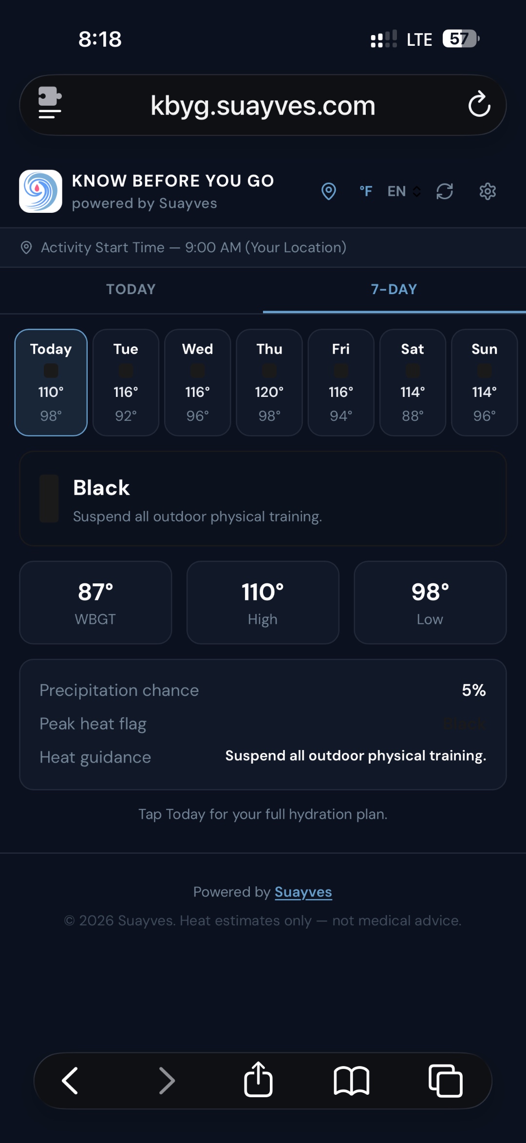 KBYG app showing 7-day forecast with Black flag